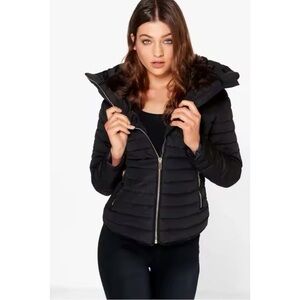Zara Women's Black Puffer Coat‎ w/ Faux Fur Interior Zip Hood Coat Jacket XS
